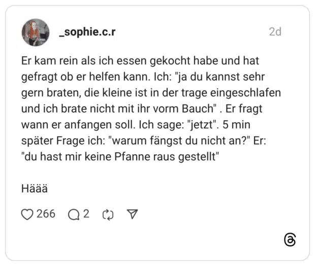 Er kam rein als ich essen gekocht habe und hat gefragt ob er helfen kann. Ich: "ja du kannst sehr gern braten, die kleine ist in der trage eingeschlafen und ich brate nicht mit ihr vorm Bauch". Er fragt wann er anfangen soll. Ich sage: "jetzt". 5 min später Frage ich: "warum fängst du nicht an?" Er: "du hast mir keine Pfanne raus gestellt"
