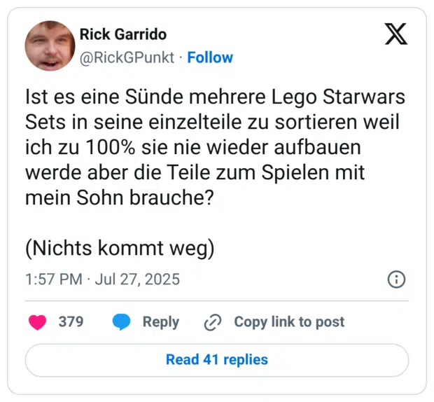 Ist es eine Sünde mehrere Lego Starwars Sets in seine einzelteile zu sortieren weil ich zu 100% sie nie wieder aufbauen werde aber die Teile zum Spielen mit mein Sohn brauche? (Nichts kommt weg)