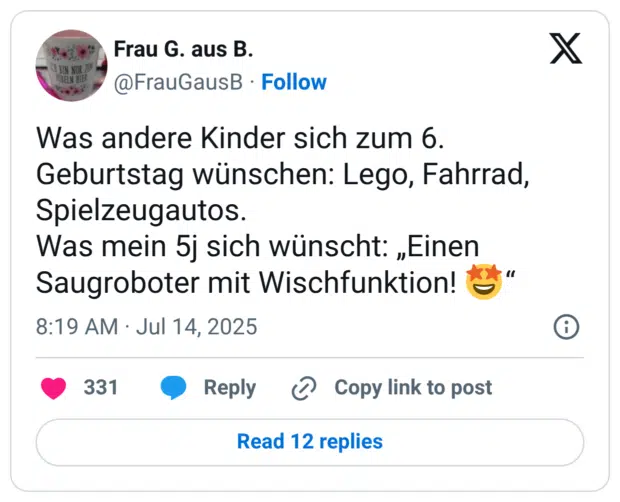 Was andere Kinder sich zum 6. Geburtstag wünschen: Lego, Fahrrad, Spielzeugautos. Was mein 5j sich wünscht: „Einen Saugroboter mit Wischfunktion! :sternaugen:“