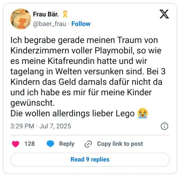 Ich begrabe gerade meinen Traum von Kinderzimmern voller Playmobil, so wie es meine Kitafreundin hatte und wir tagelang in Welten versunken sind. Bei 3 Kindern das Geld damals dafür nicht da und ich habe es mir für meine Kinder gewünscht. Die wollen allerdings lieber Lego