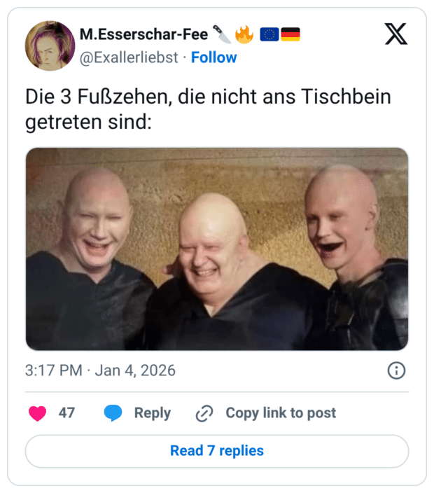 Die 3 Fußzehen, die nicht ans Tischbein getreten sind: