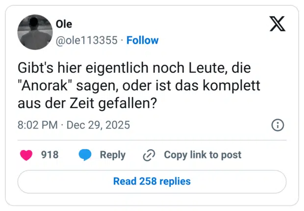 Gibt's hier eigentlich noch Leute, die "Anorak" sagen, oder ist das komplett aus der Zeit gefallen?