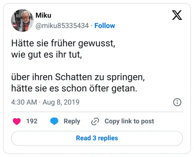 Hätte sie früher gewusst, wie gut es ihr tut, über ihren Schatten zu springen, hätte sie es schon öfter getan.