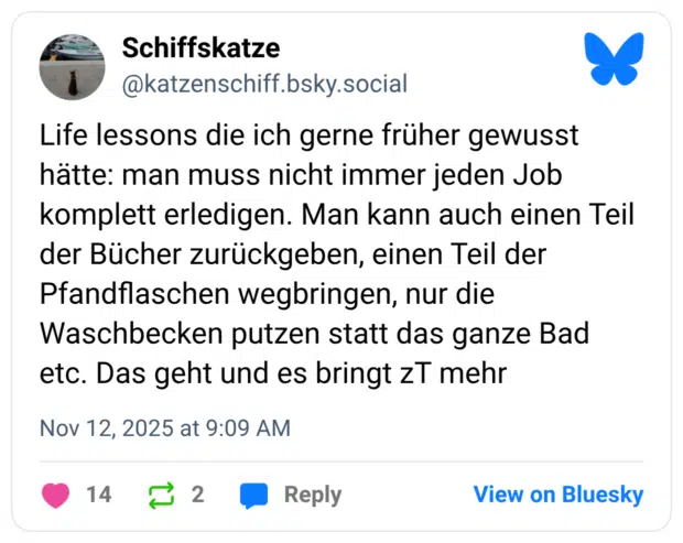 Life lessons die ich gerne früher gewusst hätte: man muss nicht immer jeden Job komplett erledigen. Man kann auch einen Teil der Bücher zurückgeben, einen Teil der Pfandflaschen wegbringen, nur die Waschbecken putzen statt das ganze Bad etc. Das geht und es bringt zT mehr