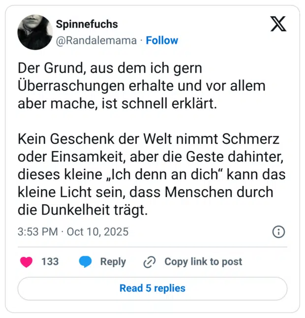 Der Grund, aus dem ich gern Überraschungen erhalte und vor allem aber mache, ist schnell erklärt. Kein Geschenk der Welt nimmt Schmerz oder Einsamkeit, aber die Geste dahinter, dieses kleine „Ich denn an dich“ kann das kleine Licht sein, dass Menschen durch die Dunkelheit trägt.