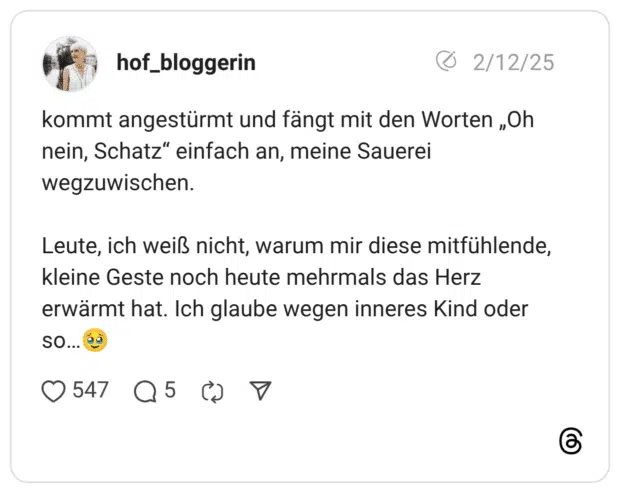 kommt angestürmt und fängt mit den Worten „Oh nein, Schatz“ einfach an, meine Sauerei wegzuwischen. Leute, ich weiß nicht, warum mir diese mitfühlende, kleine Geste noch heute mehrmals das Herz erwärmt hat. Ich glaube wegen inneres Kind oder so…:gesicht_mit_zurückgehaltenen_tränen: