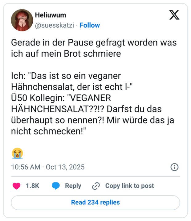 Gerade in der Pause gefragt worden was ich auf mein Brot schmiere Ich: "Das ist so ein veganer Hähnchensalat, der ist echt l-" Ü50 Kollegin: "VEGANER HÄHNCHENSALAT??!? Darfst du das überhaupt so nennen?! Mir würde das ja nicht schmecken!" 😭