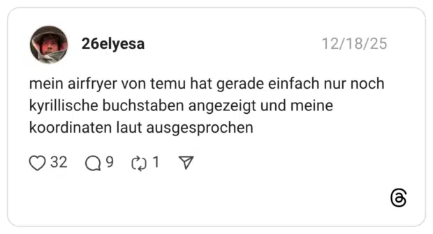 mein airfryer von temu hat gerade einfach nur noch kyrillische buchstaben angezeigt und meine koordinaten laut ausgesprochen