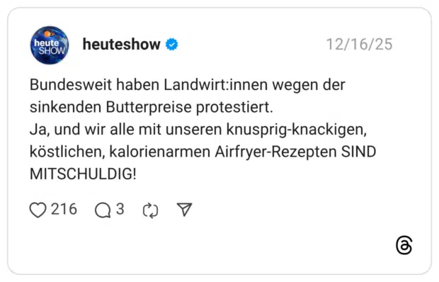 Bundesweit haben Landwirt:innen wegen der sinkenden Butterpreise protestiert. Ja, und wir alle mit unseren knusprig-knackigen, köstlichen, kalorienarmen Airfryer-Rezepten SIND MITSCHULDIG!