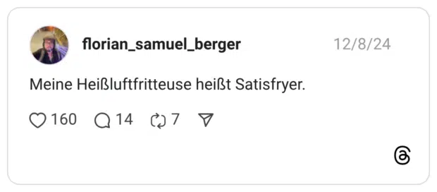 Meine Heißluftfritteuse heißt Satisfryer.