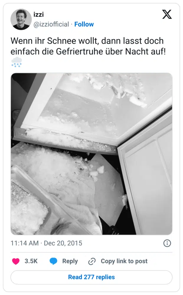 Wenn ihr Schnee wollt, dann lasst doch einfach die Gefriertruhe über Nacht auf!🌨