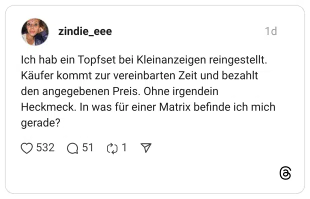 Ich hab ein Topfset bei Kleinanzeigen reingestellt. Käufer kommt zur vereinbarten Zeit und bezahlt den angegebenen Preis. Ohne irgendein Heckmeck. In was für einer Matrix befinde ich mich gerade?