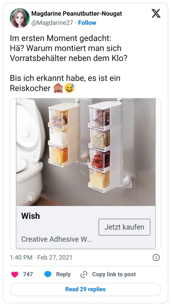 Im ersten Moment gedacht: Hä? Warum montiert man sich Vorratsbehälter neben dem Klo? Bis ich erkannt habe, es ist ein Reiskocher 🙈😅