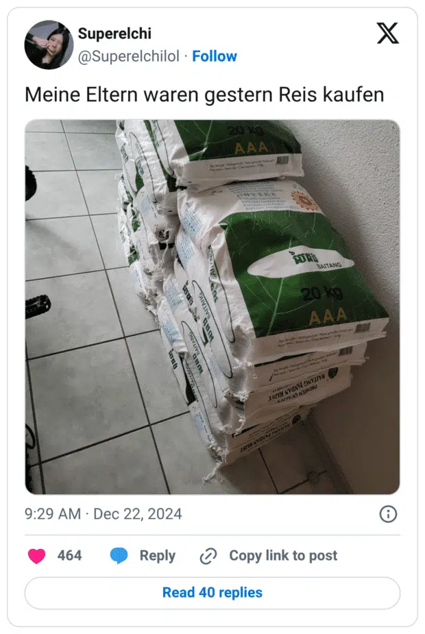 Meine Eltern waren gestern Reis kaufen
