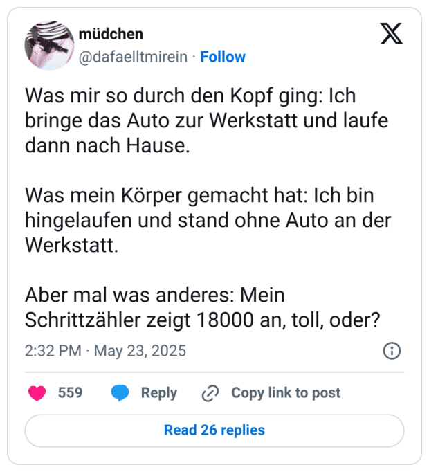 Was mir so durch den Kopf ging: Ich bringe das Auto zur Werkstatt und laufe dann nach Hause. Was mein Körper gemacht hat: Ich bin hingelaufen und stand ohne Auto an der Werkstatt. Aber mal was anderes: Mein Schrittzähler zeigt 18000 an, toll, oder?