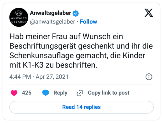 Hab meiner Frau auf Wunsch ein Beschriftungsgerät geschenkt und ihr die Schenkunsauflage gemacht, die Kinder mit K1-K3 zu beschriften.