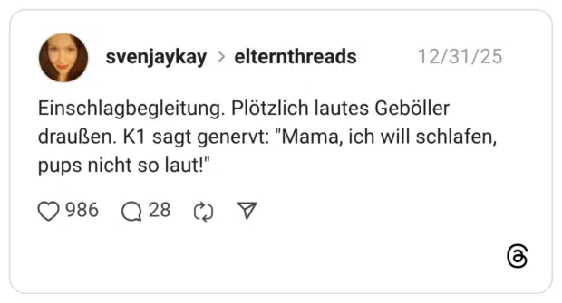 Einschlagbegleitung. Plötzlich lautes Geböller draußen. K1 sagt genervt: "Mama, ich will schlafen, pups nicht so laut!"
