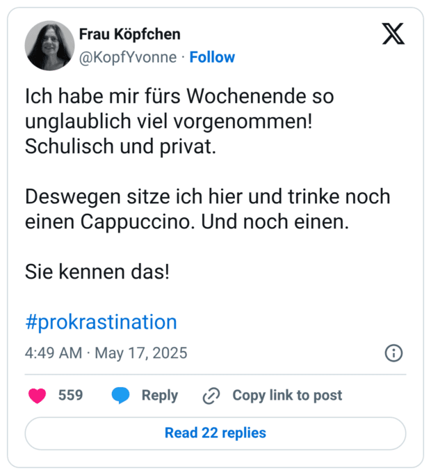 Ich habe mir fürs Wochenende so unglaublich viel vorgenommen! Schulisch und privat. Deswegen sitze ich hier und trinke noch einen Cappuccino. Und noch einen. Sie kennen das! #prokrastination