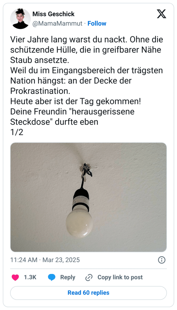 Vier Jahre lang warst du nackt. Ohne die schützende Hülle, die in greifbarer Nähe Staub ansetzte. Weil du im Eingangsbereich der trägsten Nation hängst: an der Decke der Prokrastination. Heute aber ist der Tag gekommen! Deine Freundin "herausgerissene Steckdose" durfte eben 1/2