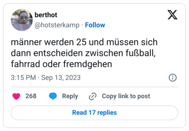 männer werden 25 und müssen sich dann entscheiden zwischen fußball, fahrrad oder fremdgehen
