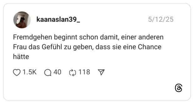 Fremdgehen beginnt schon damit, einer anderen Frau das Gefühl zu geben, dass sie eine Chance hätte