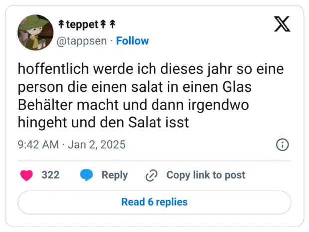 hoffentlich werde ich dieses jahr so eine person die einen salat in einen Glas Behälter macht und dann irgendwo hingeht und den Salat isst