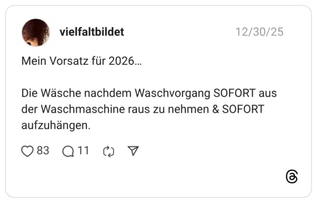 Mein Vorsatz für 2026… Die Wäsche nachdem Waschvorgang SOFORT aus der Waschmaschine raus zu nehmen & SOFORT aufzuhängen.