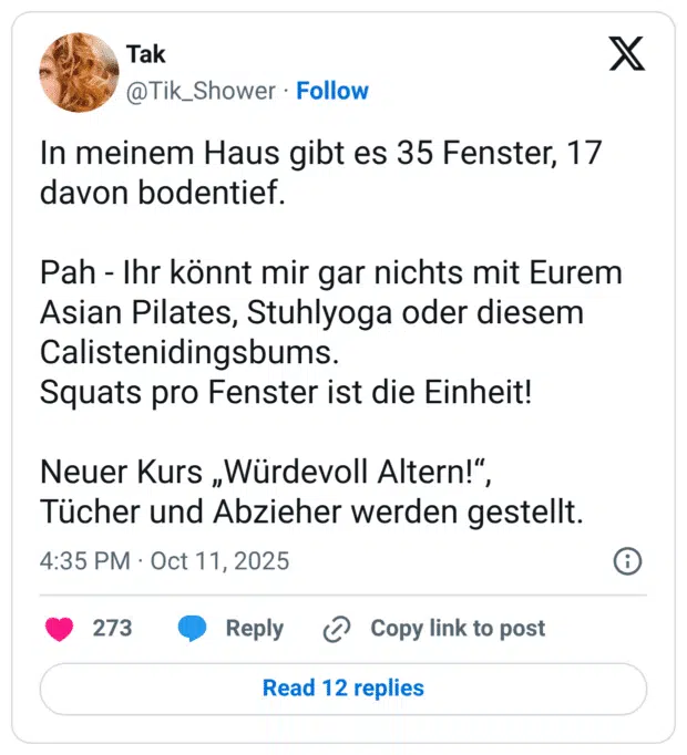 In meinem Haus gibt es 35 Fenster, 17 davon bodentief. Pah - Ihr könnt mir gar nichts mit Eurem Asian Pilates, Stuhlyoga oder diesem Calistenidingsbums. Squats pro Fenster ist die Einheit! Neuer Kurs „Würdevoll Altern!“, Tücher und Abzieher werden gestellt.
