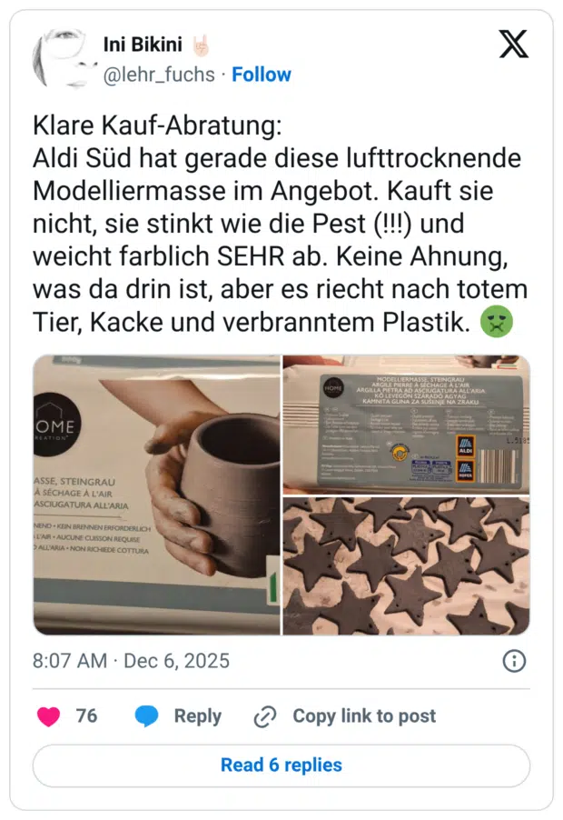 Klare Kauf-Abratung: Aldi Süd hat gerade diese lufttrocknende Modelliermasse im Angebot. Kauft sie nicht, sie stinkt wie die Pest (!!!) und weicht farblich SEHR ab. Keine Ahnung, was da drin ist, aber es riecht nach totem Tier, Kacke und verbranntem Plastik. :gesicht_übelkeit: