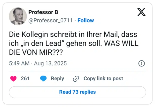 Die Kollegin schreibt in Ihrer Mail, dass ich „in den Lead“ gehen soll. WAS WILL DIE VON MIR???