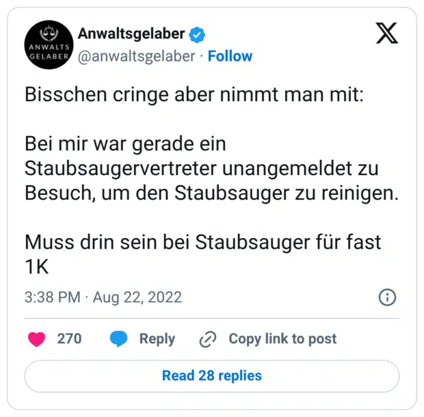 Bisschen cringe aber nimmt man mit: Bei mir war gerade ein Staubsaugervertreter unangemeldet zu Besuch, um den Staubsauger zu reinigen. Muss drin sein bei Staubsauger für fast 1K
