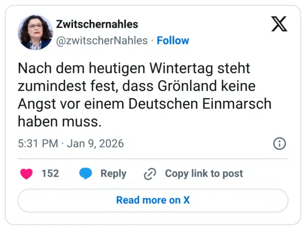 Nach dem heutigen Wintertag steht zumindest fest, dass Grönland keine Angst vor einem Deutschen Einmarsch haben muss