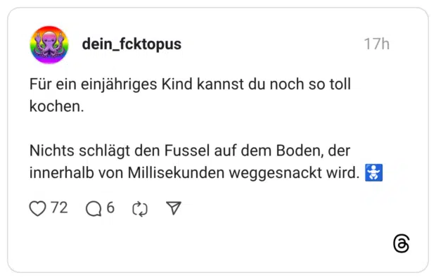 Für ein einjähriges Kind kannst du noch so toll kochen. Nichts schlägt den Fussel auf dem Boden, der innerhalb von Millisekunden weggesnackt wird. 72