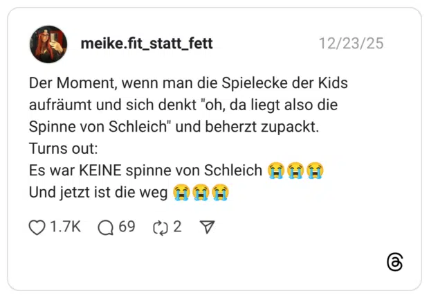 Der Moment, wenn man die Spielecke der Kids aufräumt und sich denkt "oh, da liegt also die Spinne von Schleich" und beherzt zupackt. Turns out: Es war KEINE spinne von Schleich 😭😭😭 Und jetzt ist die weg 😭😭😭
