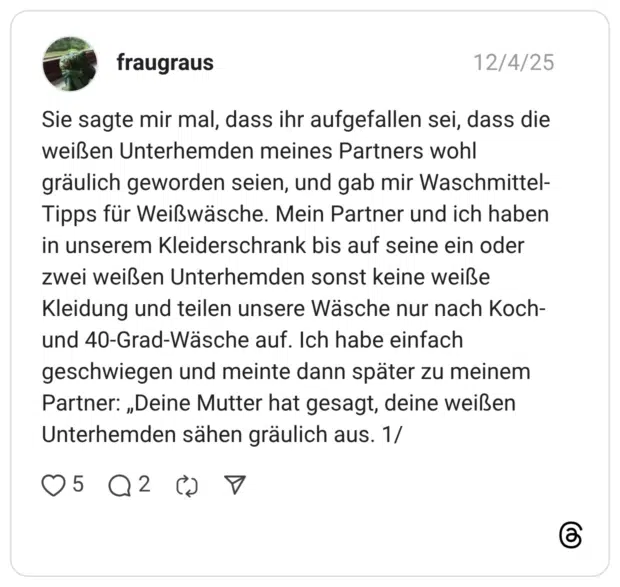 Sie sagte mir mal, dass ihr aufgefallen sei, dass die weißen Unterhemden meines Partners wohl gräulich geworden seien, und gab mir Waschmittel- Tipps für Weißwäsche. Mein Partner und ich haben in unserem Kleiderschrank bis auf seine ein oder zwei weißen Unterhemden sonst keine weiße Kleidung und teilen unsere Wäsche nur nach Koch- und 40-Grad-Wäsche auf. Ich habe einfach geschwiegen und meinte dann später zu meinem Partner: „Deine Mutter hat gesagt, deine weißen Unterhemden sähen gräulich aus. 1/ 5
