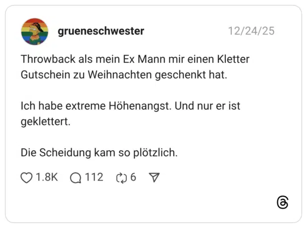Throwback als mein Ex Mann mir einen Kletter Gutschein zu Weihnachten geschenkt hat. Ich habe extreme Höhenangst. Und nur er ist geklettert. Die Scheidung kam so plötzlich