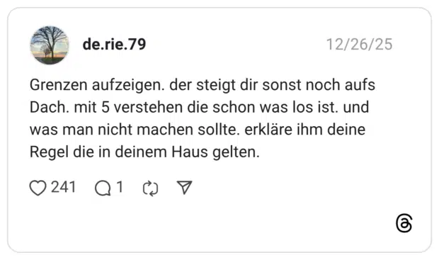 Grenzen aufzeigen. der steigt dir sonst noch aufs Dach. mit 5 verstehen die schon was los ist. und was man nicht machen sollte. erkläre ihm deine Regel die in deinem Haus gelten.