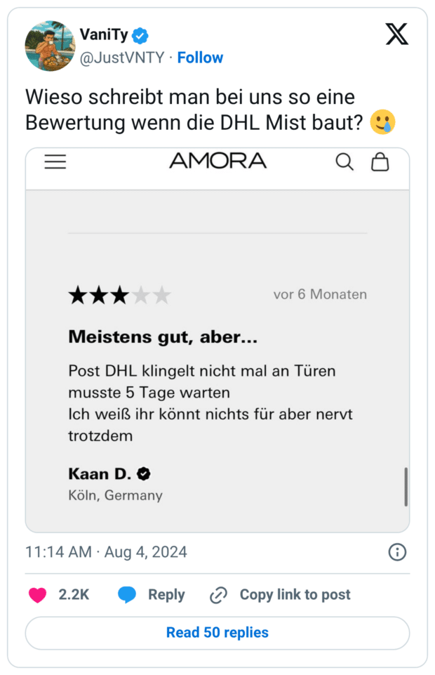 Wieso schreibt man bei uns so eine Bewertung wenn die DHL Mist baut? 🥲