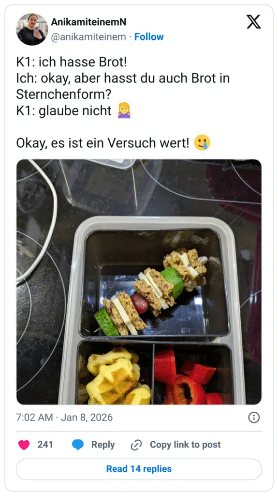 K1: ich hasse Brot! Ich: okay, aber hasst du auch Brot in Sternchenform? K1: glaube nicht 🤷‍♀️ Okay, es ist ein Versuch wert! 🥲