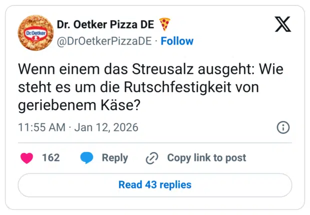 Wenn einem das Streusalz ausgeht: Wie steht es um die Rutschfestigkeit von geriebenem Käse?