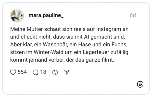 Meine Mutter schaut sich reels auf Instagram an und checkt nicht, dass sie mit AI gemacht sind. Aber klar, ein Waschbär, ein Hase und ein Fuchs, sitzen im Winter-Wald um ein Lagerfeuer zufällig kommt jemand vorbei, der das ganze filmt.