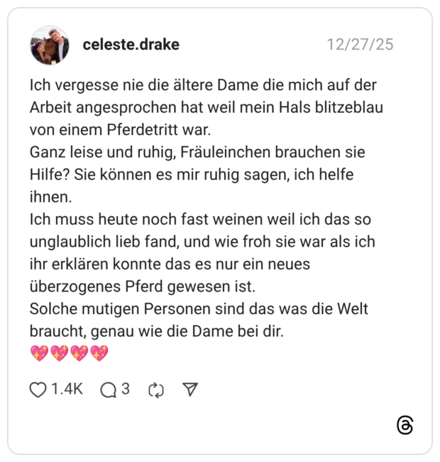 Ich vergesse nie die ältere Dame die mich auf der Arbeit angesprochen hat weil mein Hals blitzeblau von einem Pferdetritt war. Ganz leise und ruhig, Fräuleinchen brauchen sie Hilfe? Sie können es mir ruhig sagen, ich helfe ihnen. Ich muss heute noch fast weinen weil ich das so unglaublich lieb fand, und wie froh sie war als ich ihr erklären konnte das es nur ein neues überzogenes Pferd gewesen ist. Solche mutigen Personen sind das was die Welt braucht, genau wie die Dame bei dir.
