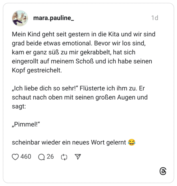 Mein Kind geht seit gestern in die Kita und wir sind grad beide etwas emotional. Bevor wir los sind, kam er ganz süß zu mir gekrabbelt, hat sich eingerollt auf meinem Schoß und ich habe seinen Kopf gestreichelt. „Ich liebe dich so sehr!" Flüsterte ich ihm zu. Er schaut nach oben mit seinen großen Augen und sagt: "Pimmel!" scheinbar wieder ein neues Wort gelernt C •