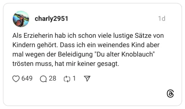 Als Erzieherin hab ich schon viele lustige Sätze von Kindern gehört. Dass ich ein weinendes Kind aber mal wegen der Beleidigung "Du alter Knoblauch" trösten muss, hat mir keiner gesagt.