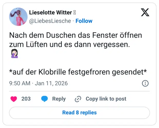 Nach dem Duschen das Fenster öffnen zum Lüften und es dann vergessen. *auf der Klobrille festgefroren gesendet*