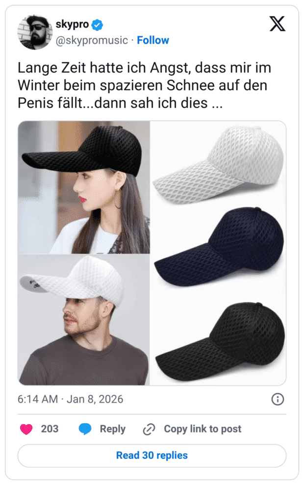 Lange Zeit hatte ich Angst, dass mir im Winter beim spazieren Schnee auf den Penis fällt...dann sah ich dies ...