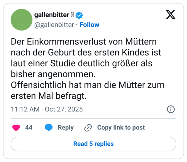 Der Einkommensverlust von Müttern nach der Geburt des ersten Kindes ist laut einer Studie deutlich größer als bisher angenommen. Offensichtlich hat man die Mütter zum ersten Mal befragt.