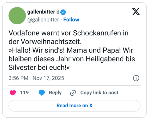 odafone warnt vor Schockanrufen in der Vorweihnachtszeit. »Hallo! Wir sind's! Mama und Papa! Wir bleiben dieses Jahr von Heiligabend bis Silvester bei euch!«