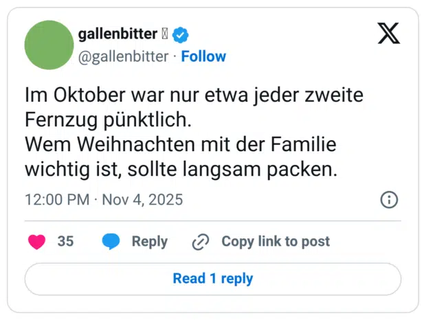 m Oktober war nur etwa jeder zweite Fernzug pünktlich. Wem Weihnachten mit der Familie wichtig ist, sollte langsam packen.