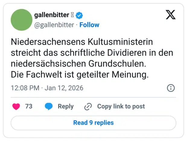 Niedersachensens Kultusministerin streicht das schriftliche Dividieren in den niedersächsischen Grundschulen. Die Fachwelt ist geteilter Meinung. 1